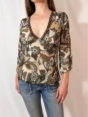 Vintage Jordache Paisley Embellished Sheer Long Sleeve Tie Back Top